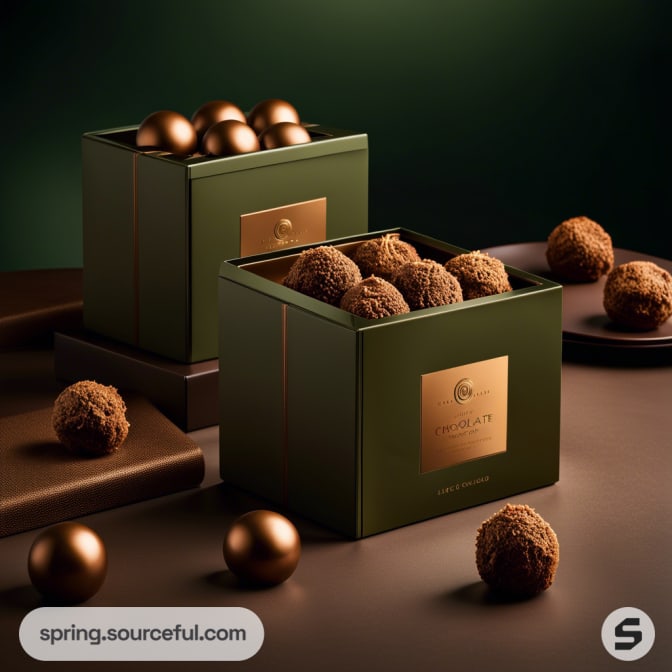 Green box with assorted chocolate truffles and a gold accent.