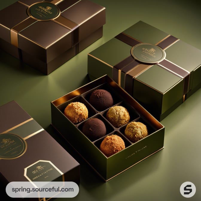 Elegant dark green boxes with ribbon accents containing assorted round chocolates in a tray.