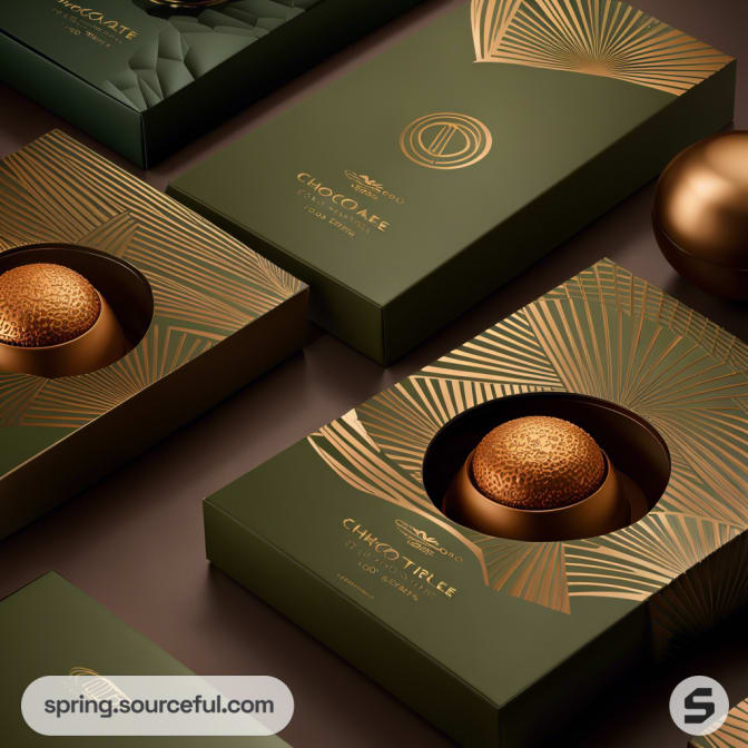 Green rectangular boxes with gold geometric patterns and inserts for spherical chocolates.