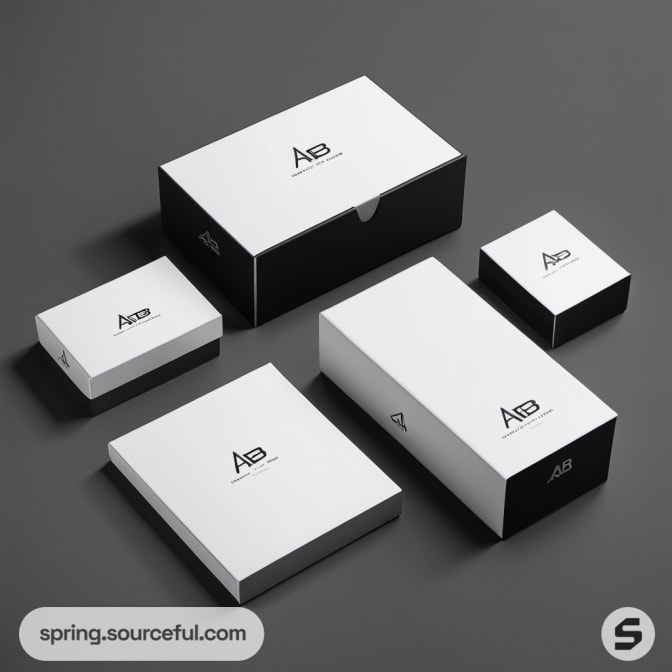 Black and white packaging boxes with minimalist design.