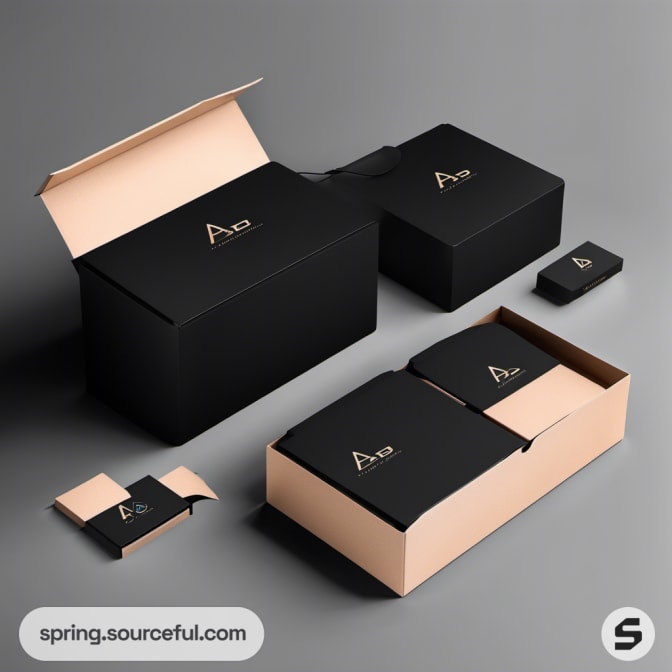 Black and peach packaging set with open boxes.