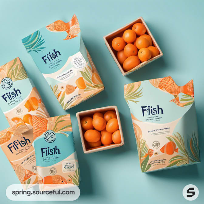 Colorful packets with orange fruits and fish designs on teal background.