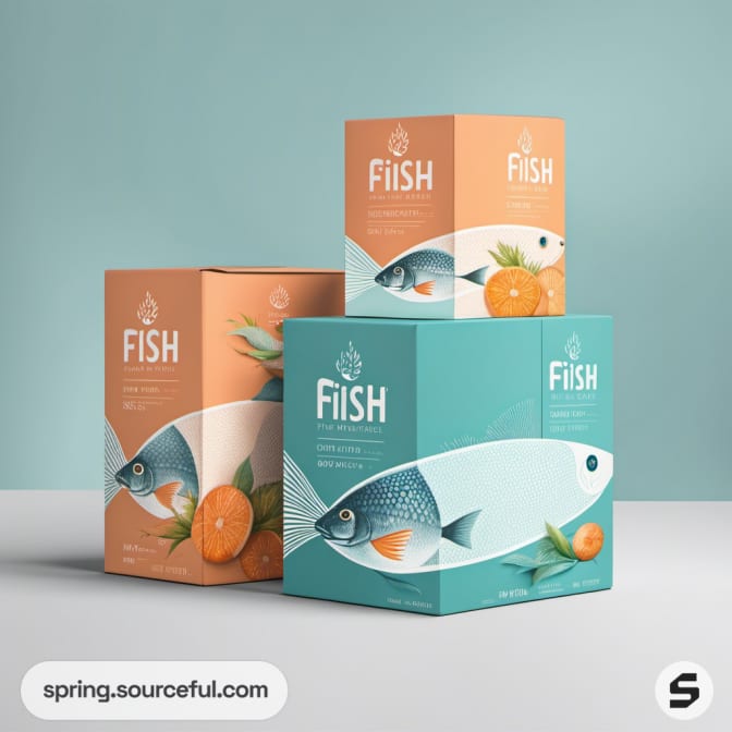 Stacked boxes with fish and orange graphics on teal and peach designs.