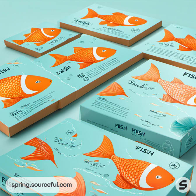 Boxes featuring orange fish designs on a teal background.