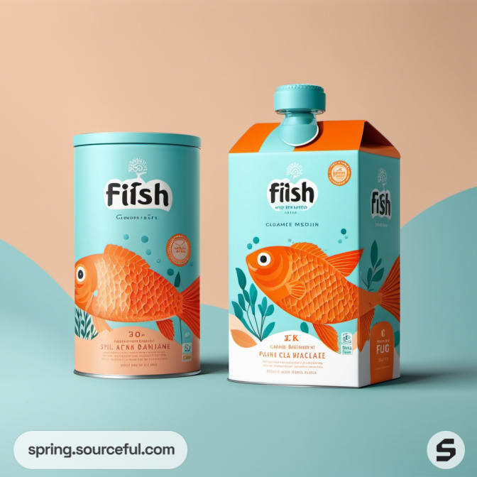 Cylinder and carton with orange fish graphics on teal and peach.