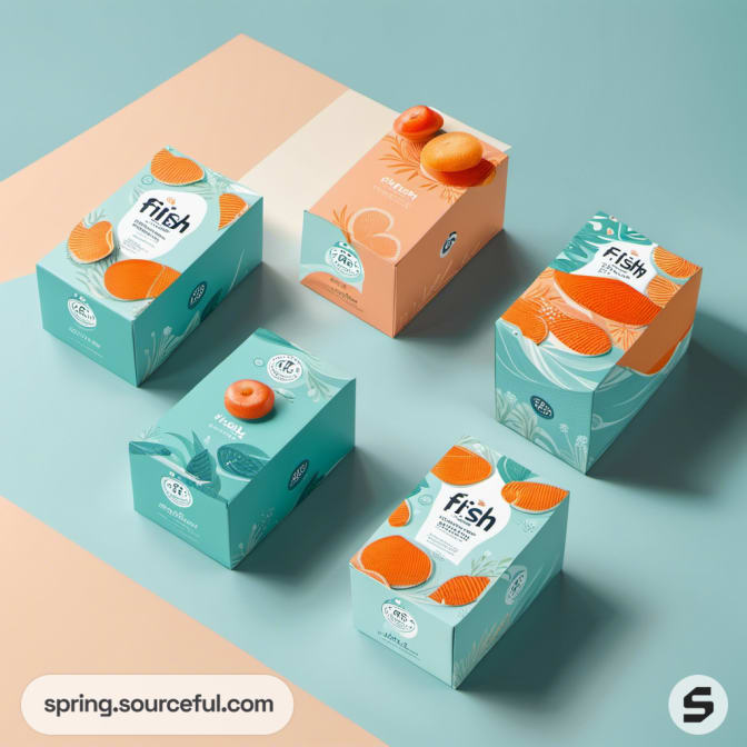 Small boxes with citrus and fish designs on teal and peach background.