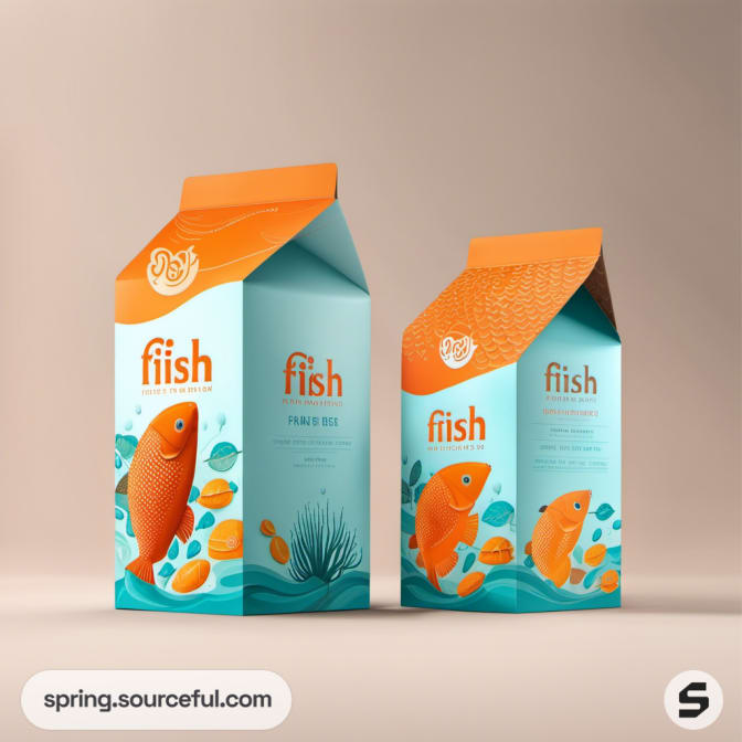 Cartons with orange fish and citrus graphics on blue and peach.