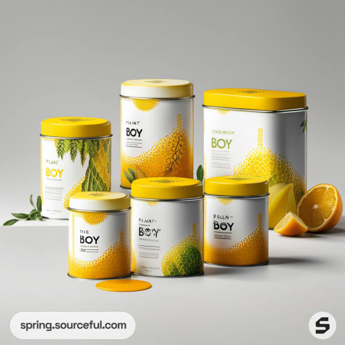 Yellow-themed tins with citrus graphics, lemon segment, and leaves.