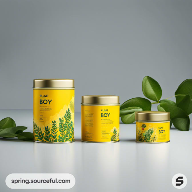 Yellow tins with green plant graphics, leafy background.