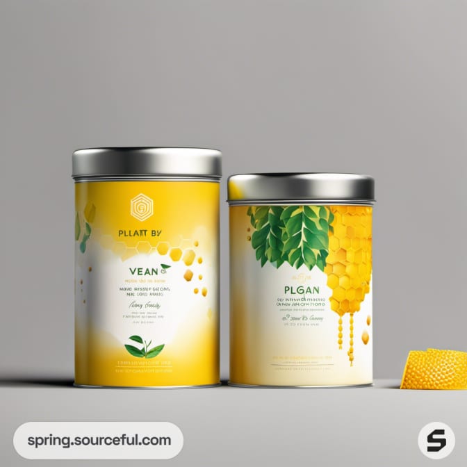 Two yellow tins with honeycomb and leaves, minimal design.