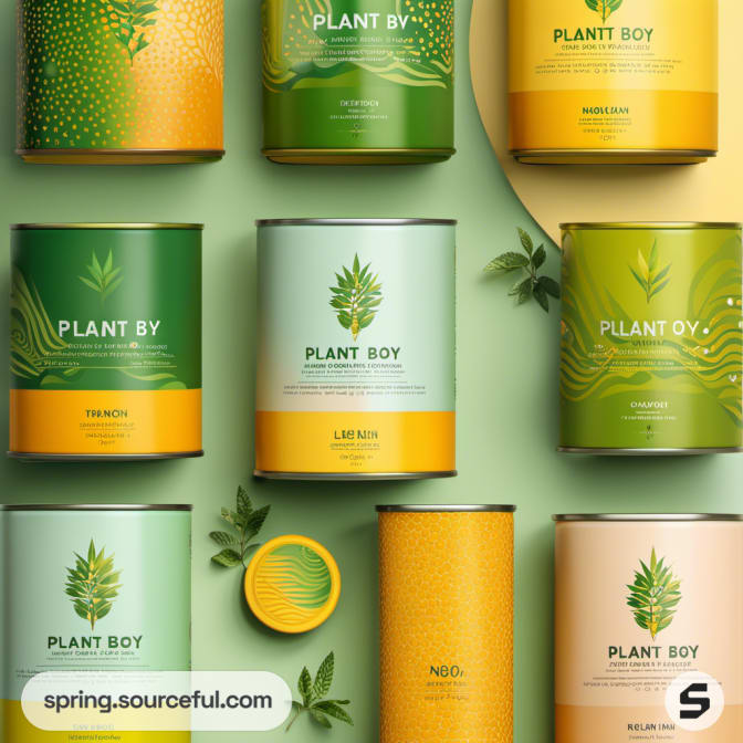 Various green tins labeled 'Plant Boy', plant graphics.