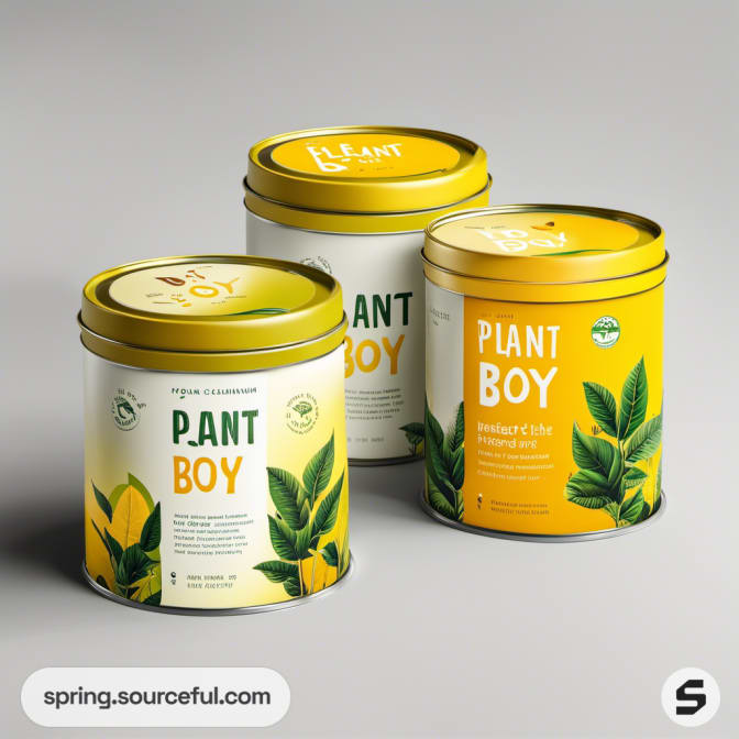 Three yellow tins with green leaf graphics, labeled 'Plant Boy'.