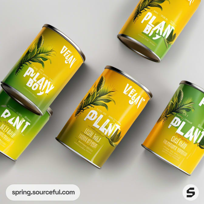 Green and yellow tins with plant graphics, labeled 'Vean'.