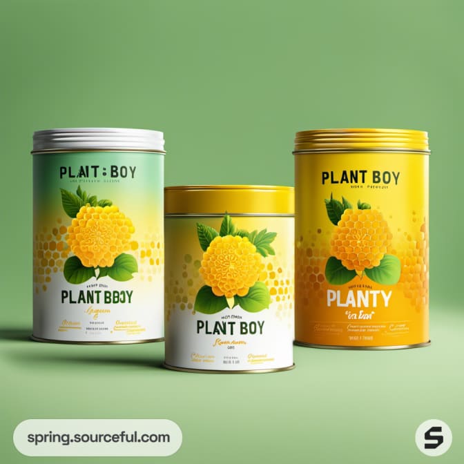 Yellow tins with orange flower graphics, labeled 'Plant Boy'.