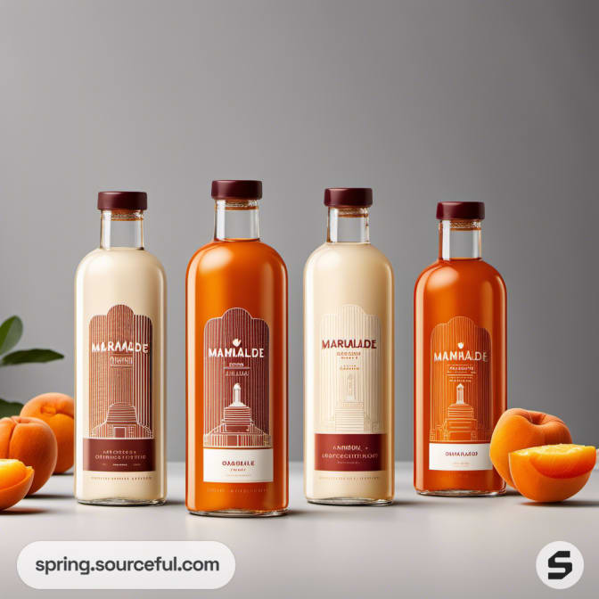 Assorted marmalade bottles in various shades of orange with fruit illustrations.