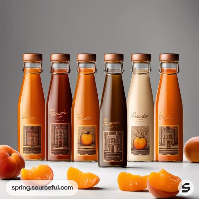 Five marmalade bottles with brown caps and peach and orange images.