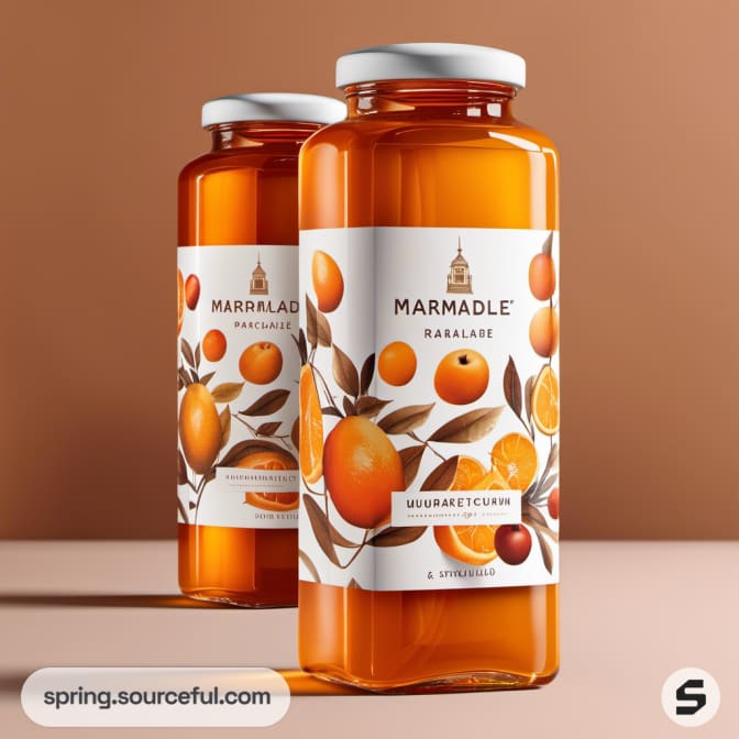 Two large jars of marmalade with orange fruit designs on a brown background.