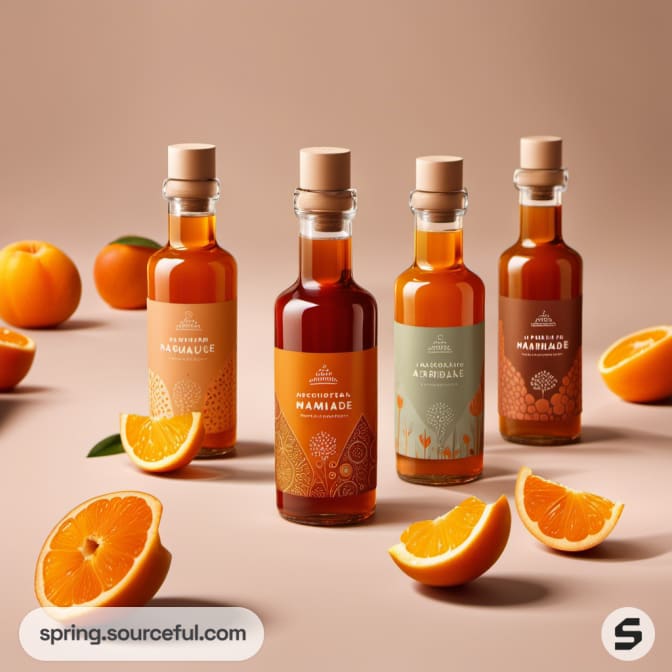 Four small bottles of marmalade with cork tops, surrounded by sliced oranges.