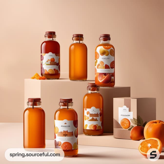 Variety of marmalade bottles on a beige background with citrus fruits.