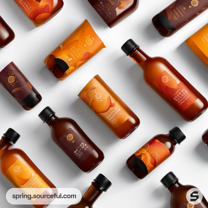 Array of marmalade bottles with abstract orange and red designs.