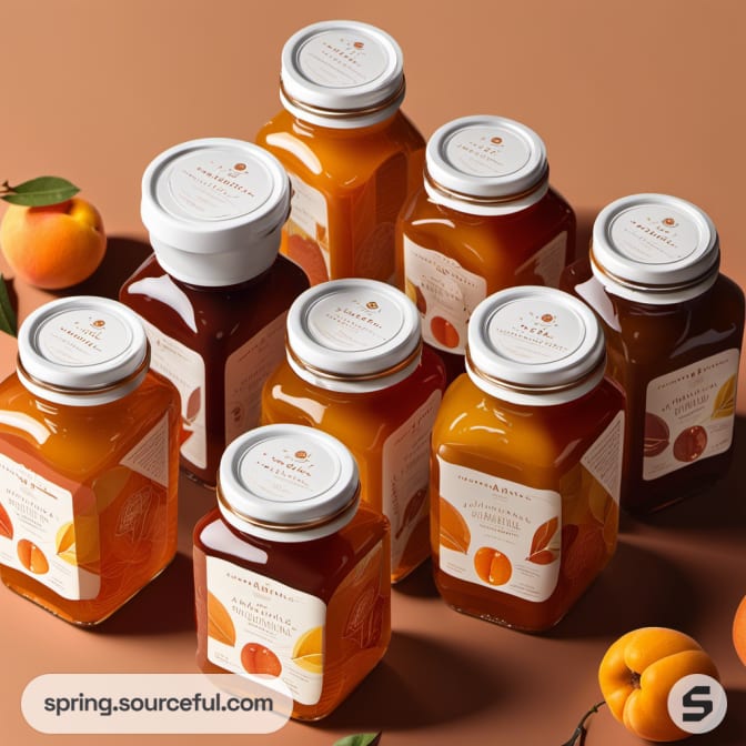 Jars of marmalade with white lids and orange fruit labels displayed on a brown surface.
