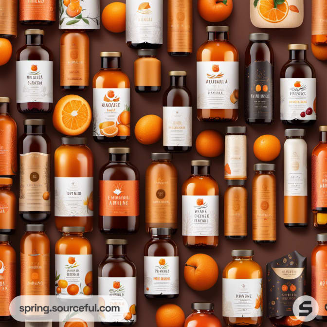 Collection of marmalade bottles with diverse fruit designs on a brown background.