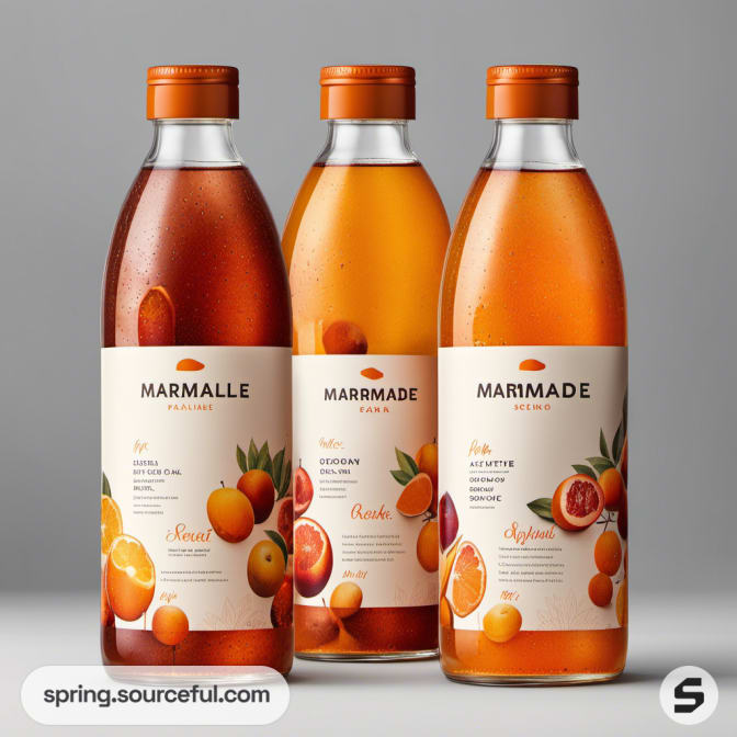 Three clear bottles of marmalade with citrus-themed labels on a gray background.