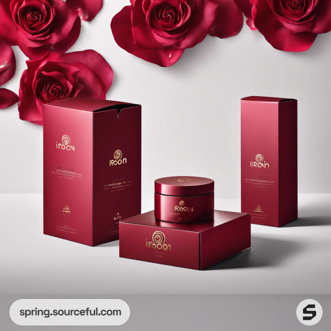 Red boxes with skincare products and roses