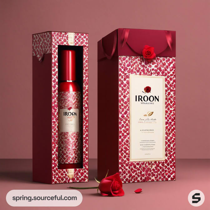 Red-hued box with floral spray bottle