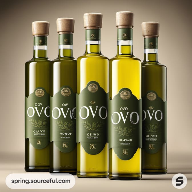 Five olive oil bottles with green labels and cork tops.