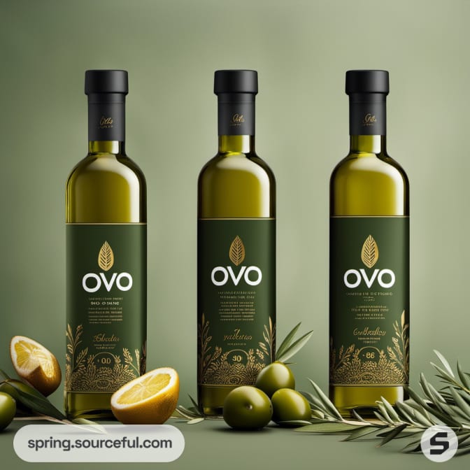 Three green olive oil bottles with herb and lemon decorations.