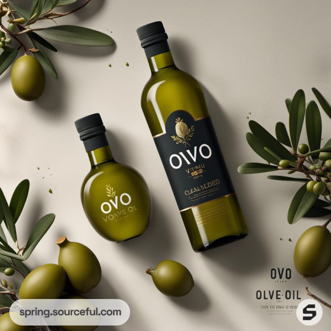 Two olive oil bottles, one small, with olives and leaves.