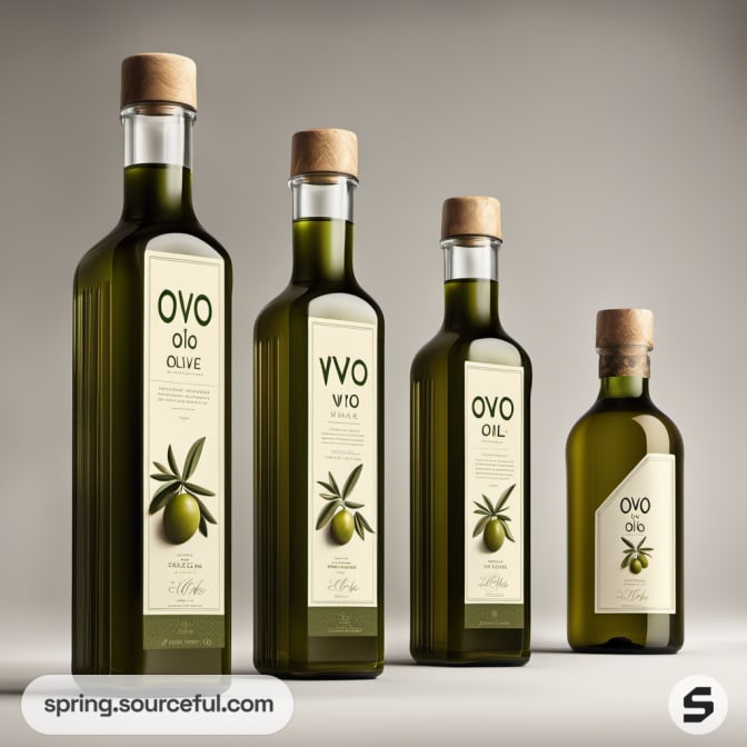 Four olive oil bottles with wooden tops on light background.