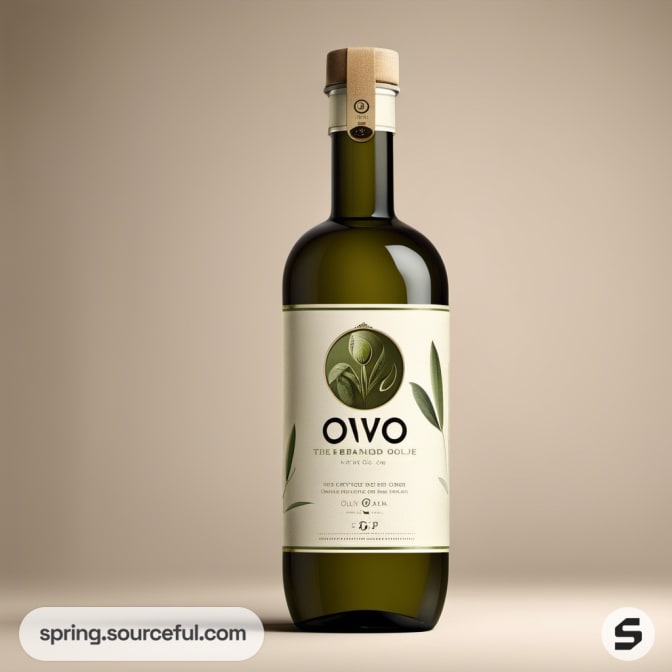 Single olive oil bottle with olive design on beige background.