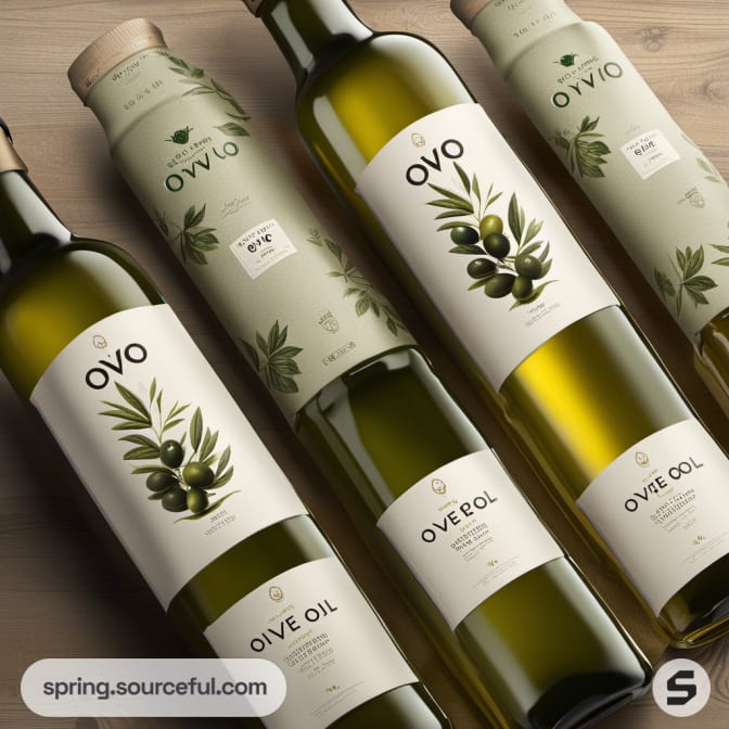 Five olive oil bottles with olive branch labels on wood.