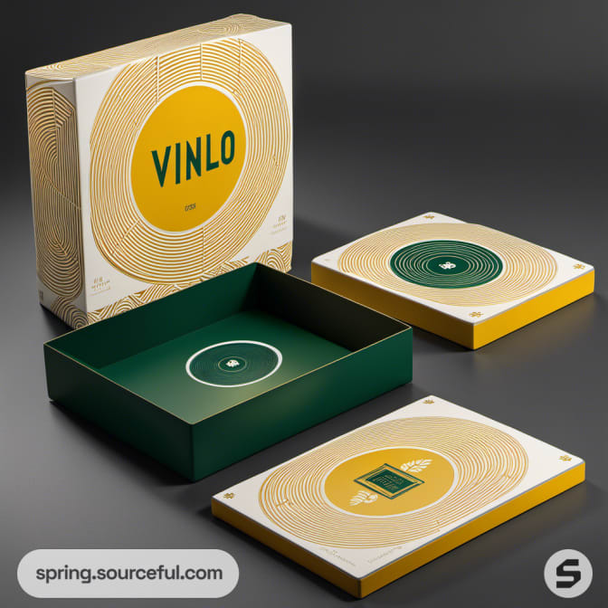 Boxes with VINLO branding and circular design, open to show interior.