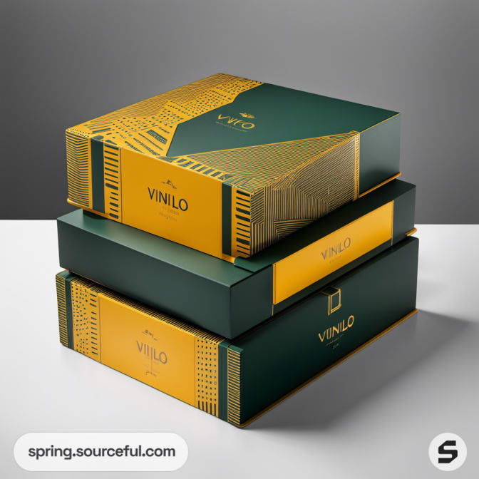 Green and yellow stackable boxes with gold geometric pattern.