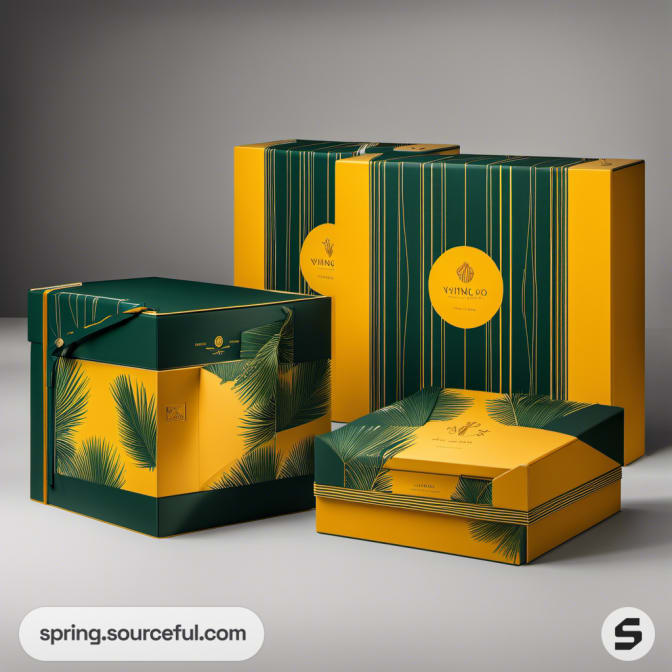 Yellow and green boxes with palm leaf patterns and handle.