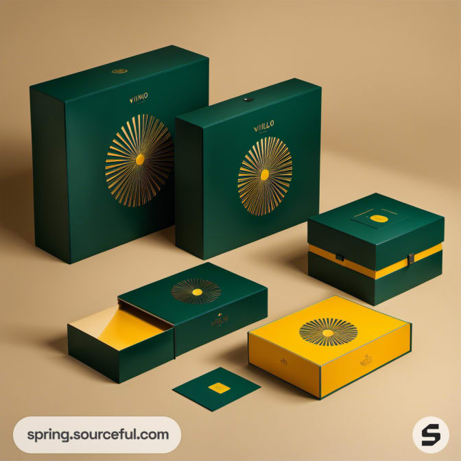 Dark green and yellow boxes with radial pattern and compartments.