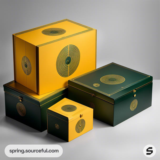 Stacked rectangular boxes with green circular patterns on yellow and vice versa.