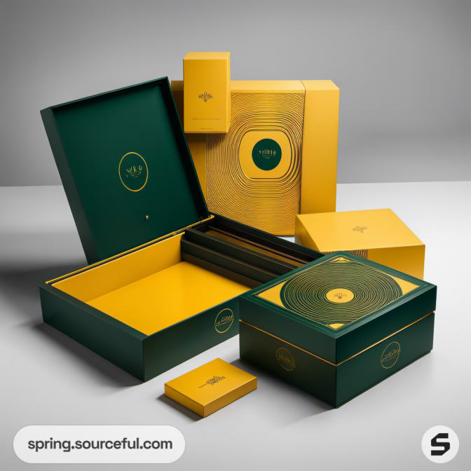 Yellow and green boxes with layered circular design, shown open.
