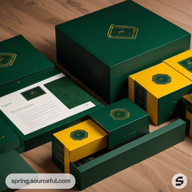 Green and yellow boxes with octagonal patterns and opened flat box.