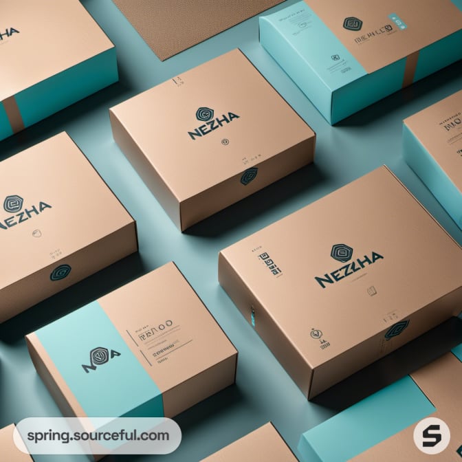 Close-up of neatly arranged brown and teal boxes.