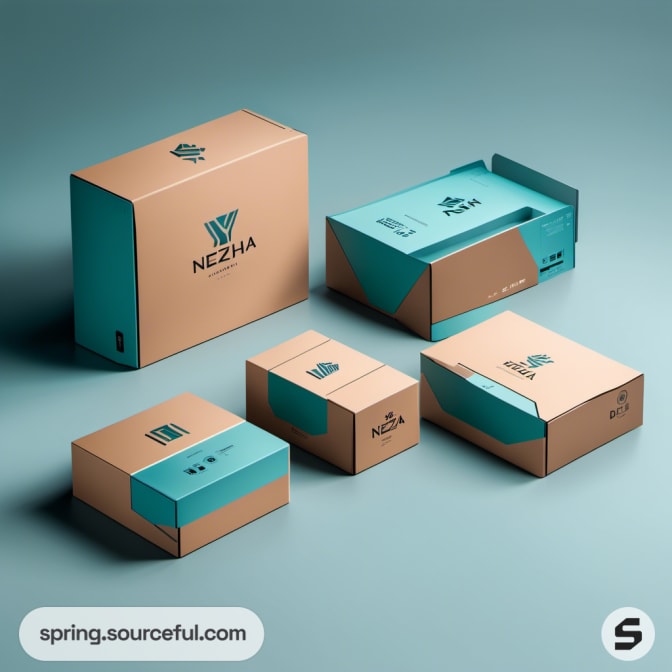 Variety of brown and teal packaging boxes; some open.