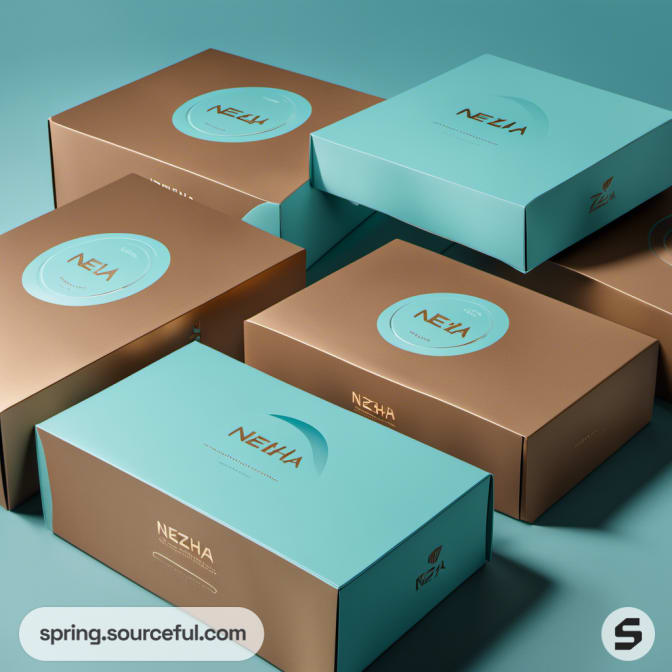 Close-up of brown and teal boxes with circular logos.