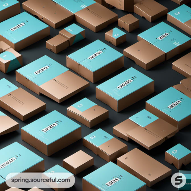 Numerous brown and teal boxes arranged in rows.