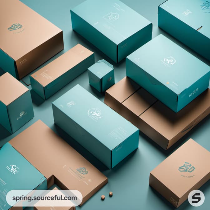 Brown and teal boxes with minimal design on teal surface.