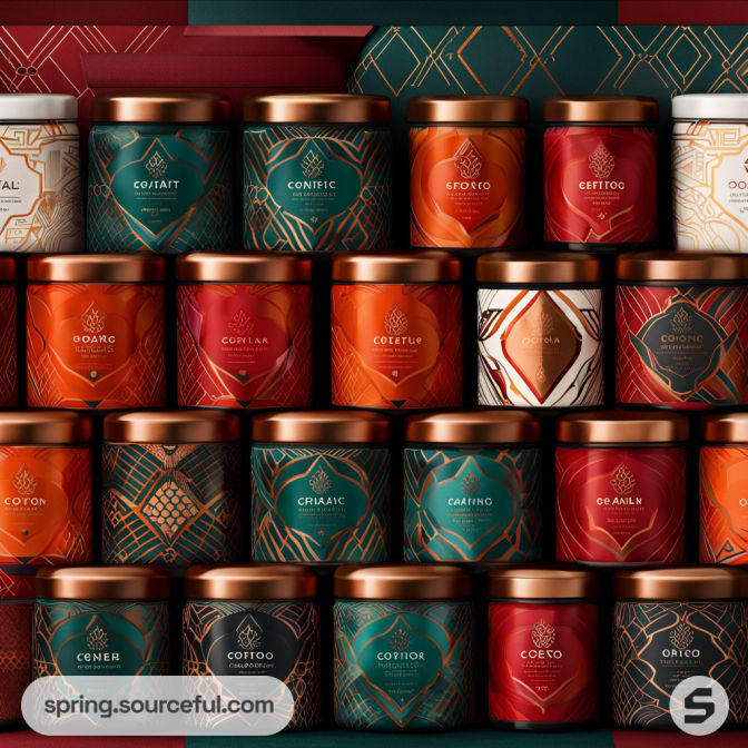 Assorted jars with gold lids, featuring geometric patterns in red, teal, and orange hues.