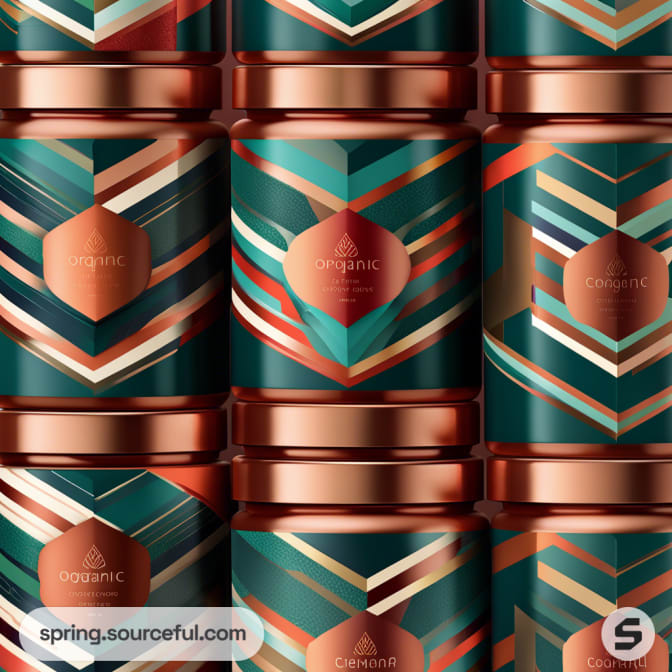 Art deco jars with geometric patterns in teal and copper tones, stacked closely together.