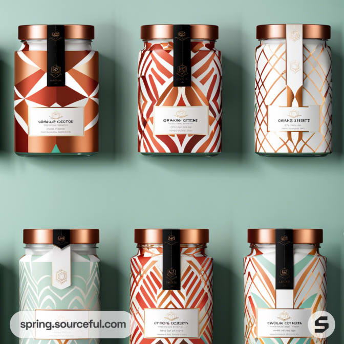 Stylish jars with geometric patterns and copper lids on a light teal background.